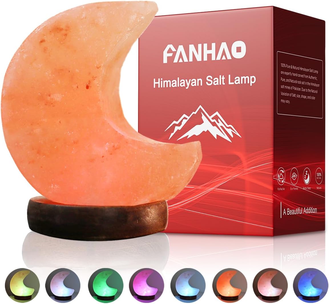 FANHAO 100% Authentic Natural Hand Carved Moon Pink Crystal Rock Salt