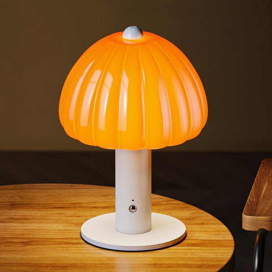 FANHAO Glass Pumpkin Light Touch Bedside Table Lamp, 3-Color Dimmable, Portable 4000mAh Cordless Rechargeable Small Lamp