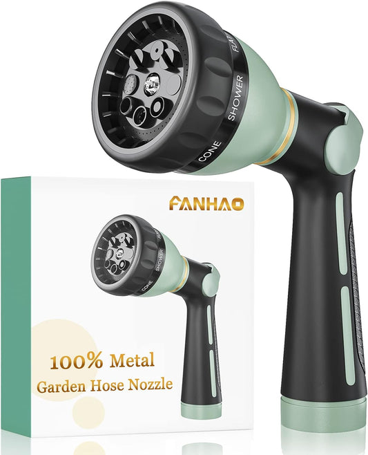 FANHAO Garden Hose Nozzle Heavy Duty, 100% Metal Water Hose Nozzle Sprayer with 8 Spray Patterns-‎Light Green