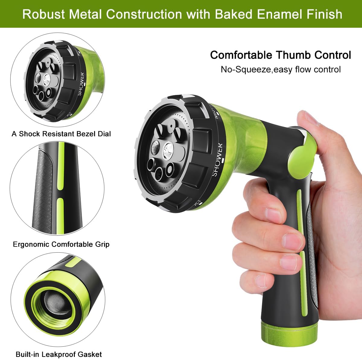 FANHAO Garden Hose Nozzle Heavy Duty,100% Metal Water Hose Sprayer with 8 Spray Patterns-Green - FANHAO