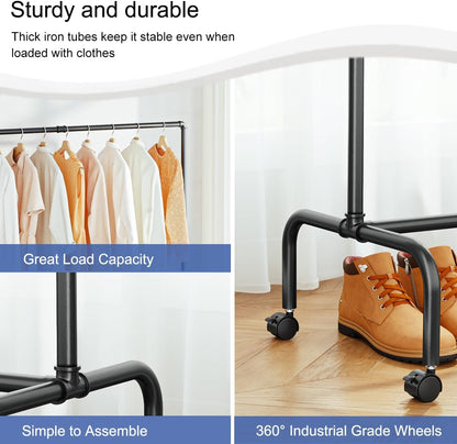 FANHAO Clothes Rack with Wheels, Heavy Duty Industrial Pipe Garment Rack,2 Brakes, Matte Black
