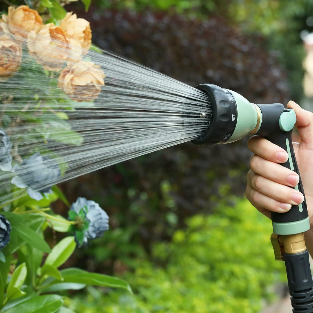 garden water spray gun with pipe FANHAO Thumb Control Heavy-Duty 8-Pattern Metal Hose Nozzle