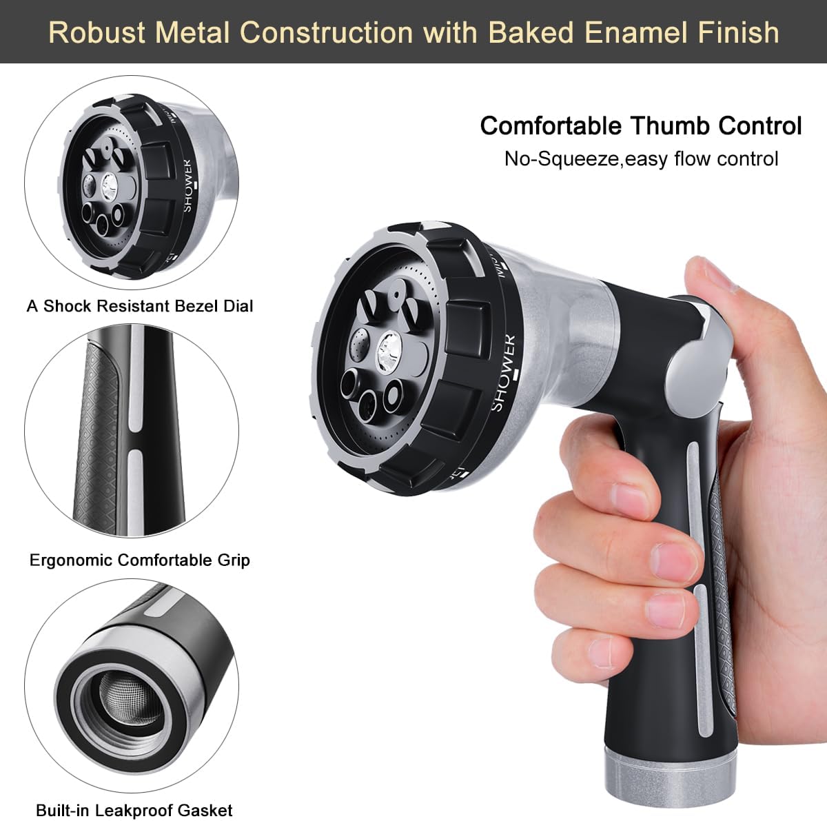 hand held garden hose sprayer FANHAO 100% Metal Water Hose Sprayer with 8 Spray Patterns-Silver