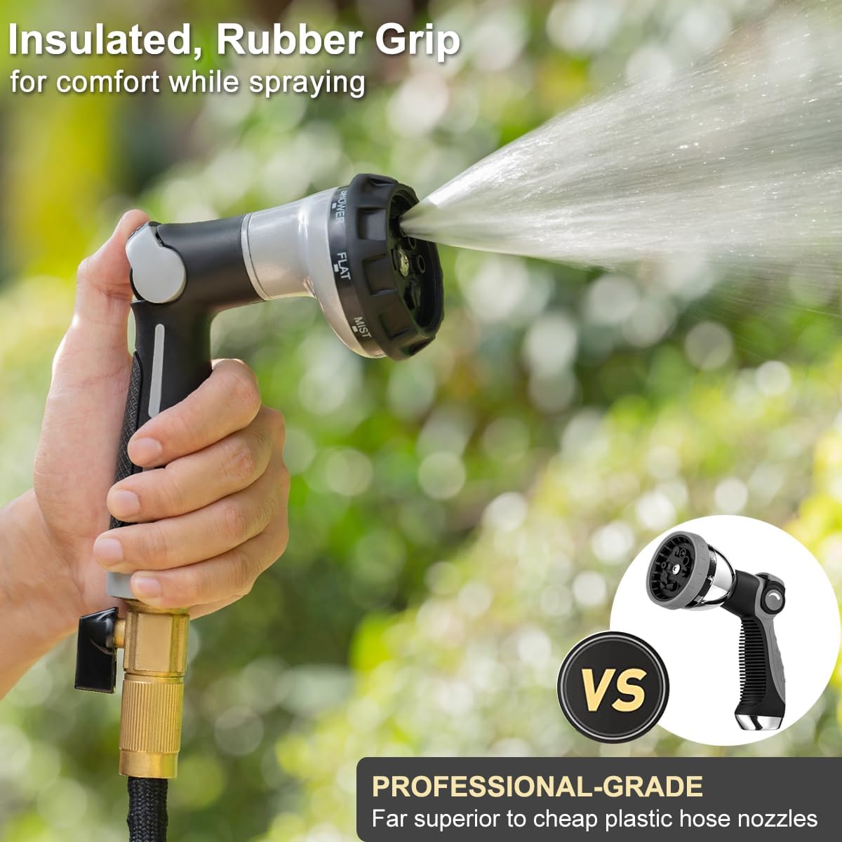 spray garden hose FANHAO 100% Metal Water Hose Sprayer with 8 Spray Patterns-Silver