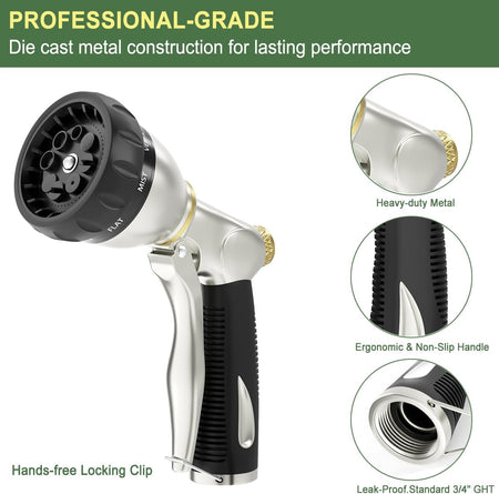 FANHAO Heavy Duty Garden Hose Nozzle, 100% Metal Water Nozzle with 8 Adjustable Spray Patterns-Black - FANHAO