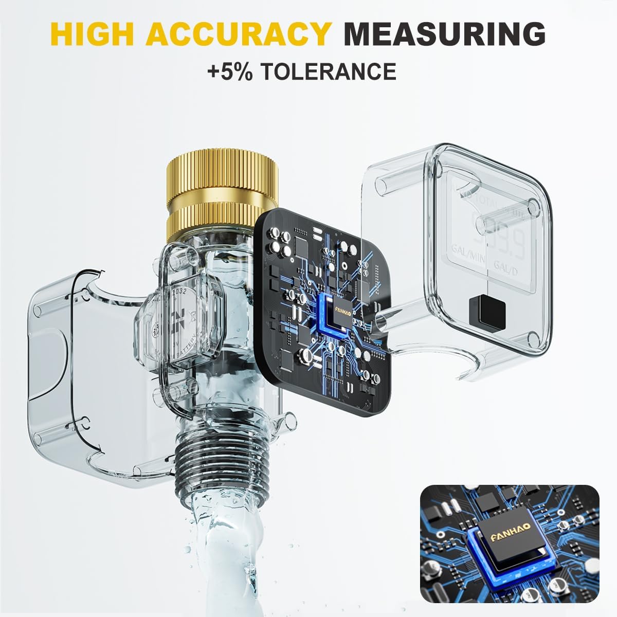 FANHAO Water Flow Meter with Brass Inlet Metal Thread | IPX6 Waterproof, Digital LCD Display - FANHAO