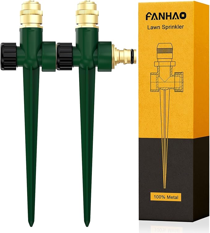 FANHAO 2 Pack Metal Lawn Sprinkler for Yard, Automatic Garden Water Sprinkler on Spike Base-Green