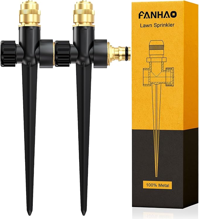 FANHAO 2 Pack Metal Lawn Sprinkler for Yard, Automatic Garden Water Sprinkler on Spike Base-Black