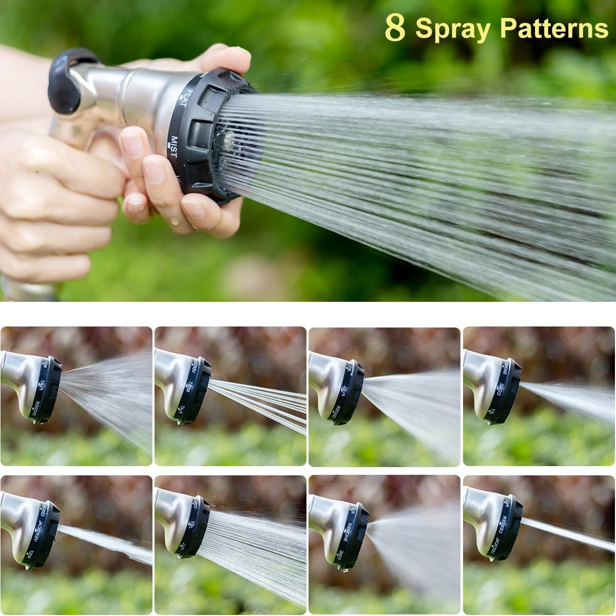 FANHAO Professional Heavy Duty Garden Hose Nozzle, 100% Metal Thumb Control Water Hose Sprayer with 8 Spray Patterns