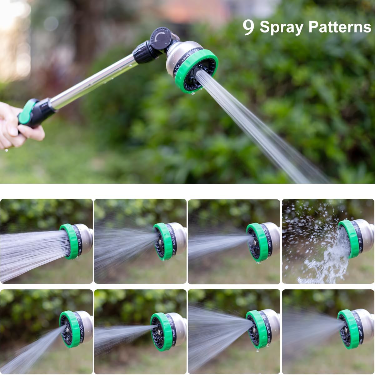 FANHAO Metal Watering Wand, 16-Inch Heavy Duty Garden Hose Wand with 9 Spray Patterns-‎Green