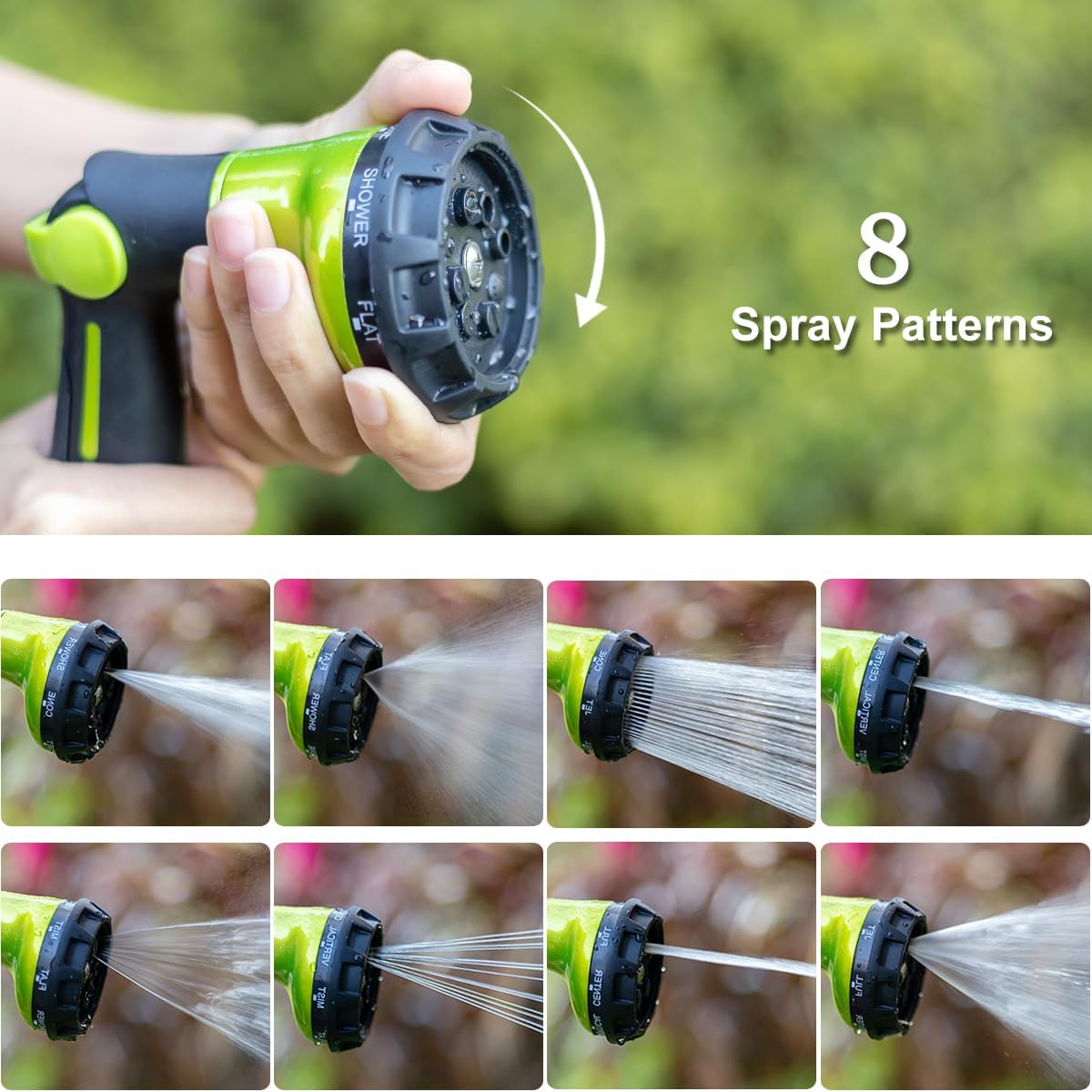 FANHAO Garden Hose Nozzle Heavy Duty,100% Metal Water Hose Sprayer with 8 Spray Patterns-Green - FANHAO