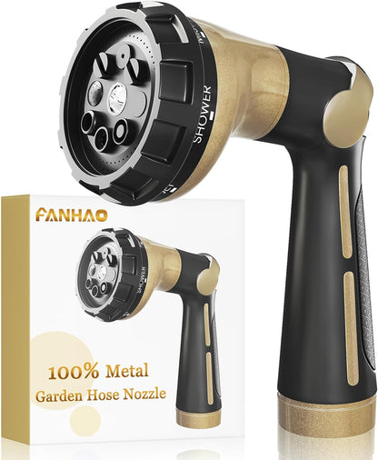 FANHAO Garden Hose Nozzle Heavy Duty,100% Metal Water Hose Sprayer with 8 Spray Patterns-Khaki