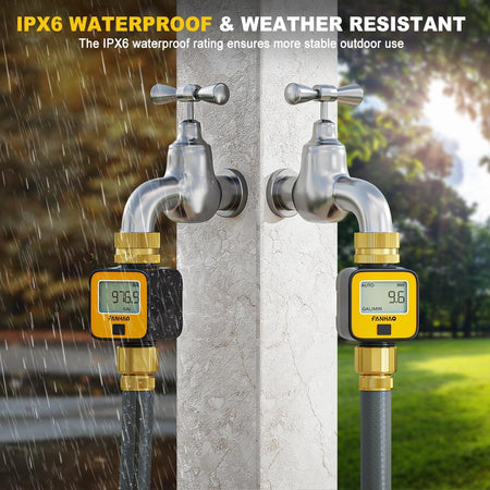 FANHAO Water Flow Meter with Brass Inlet Metal Thread | IPX6 Waterproof, Digital LCD Display - FANHAO