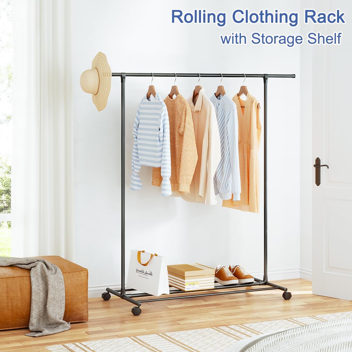 FANHAO Clothes Rack with Wheels, Stainless Steel Garment Rack with Bottom Shelf, Matte Black