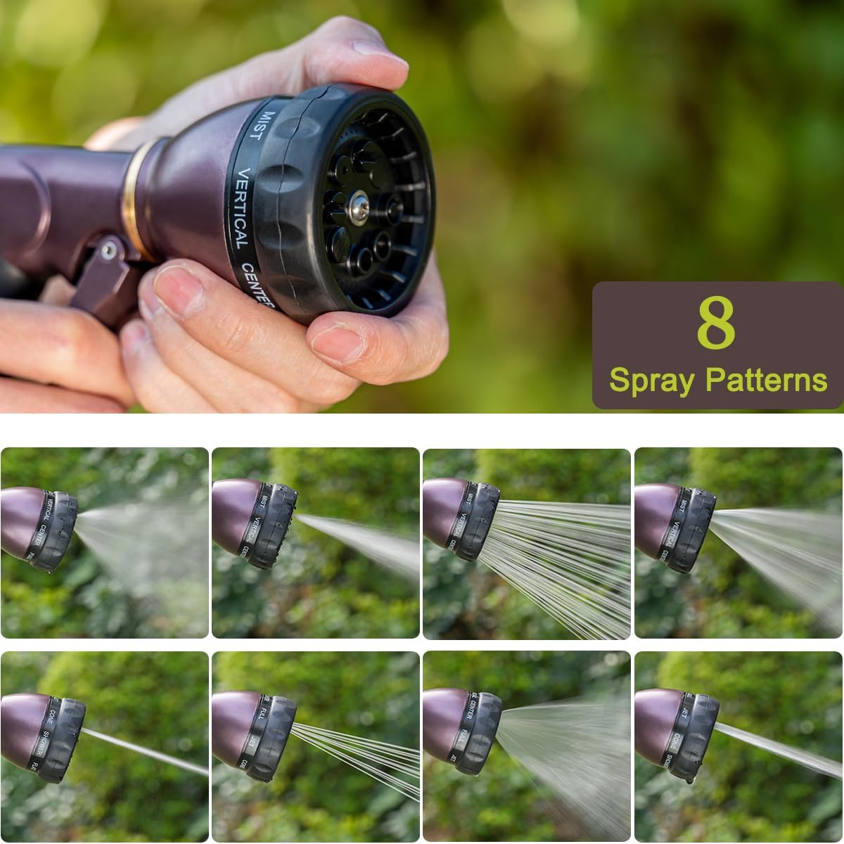 FANHAO Heavy Duty Garden Hose Nozzle, 100% Metal Water Nozzle with 8 Adjustable Spray Patterns-Bronze - FANHAO