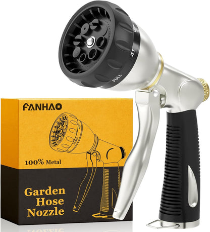 FANHAO Heavy Duty Garden Hose Nozzle, 100% Metal Water Nozzle with 8 Adjustable Spray Patterns-Black