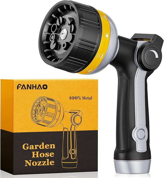 FANHAO Heavy Duty Metal Garden Hose Nozzle – 10 Patterns, Thumb Control, Yellow
