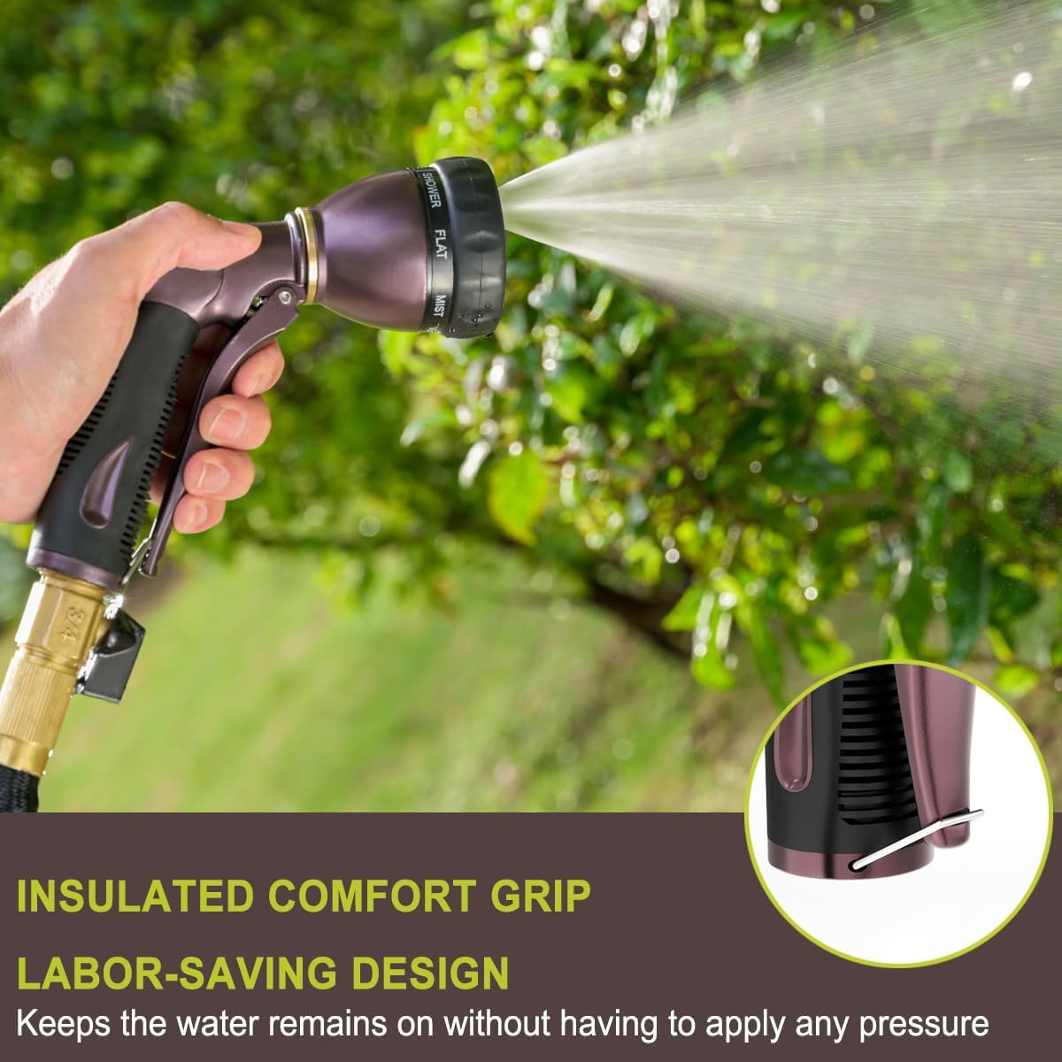 FANHAO Heavy Duty Garden Hose Nozzle, 100% Metal Water Nozzle with 8 Adjustable Spray Patterns-Bronze - FANHAO