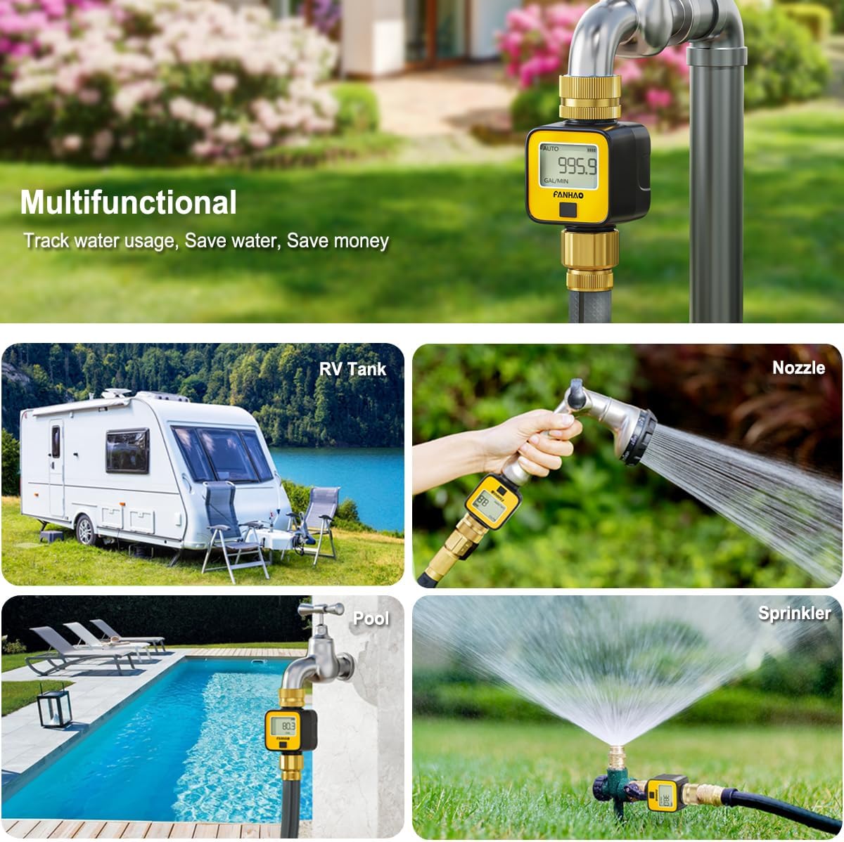 FANHAO Water Flow Meter with Brass Inlet Metal Thread | IPX6 Waterproof, Digital LCD Display - FANHAO