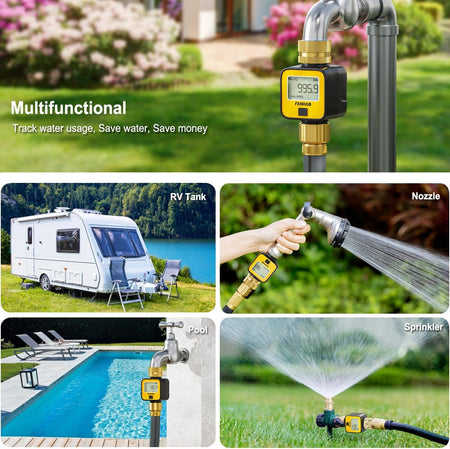 FANHAO Water Flow Meter with Brass Inlet Metal Thread | IPX6 Waterproof, Digital LCD Display - FANHAO