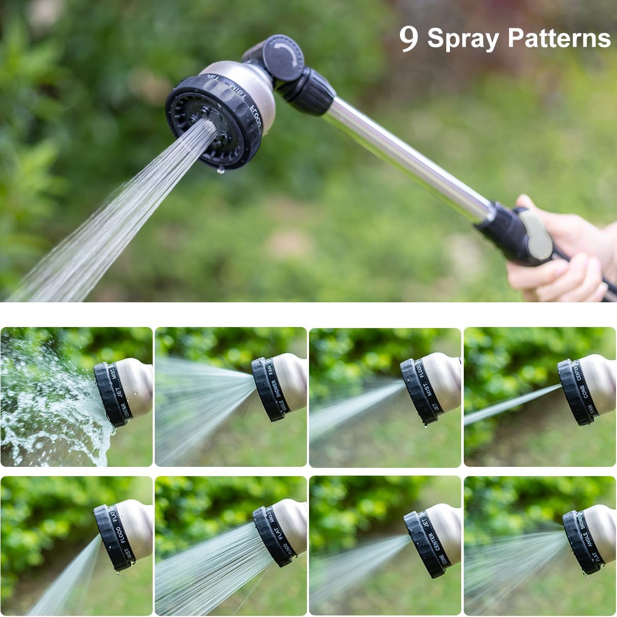 FANHAO Metal Watering Wand, 16-Inch Heavy Duty Garden Hose Wand with 9 Spray Patterns-‎Black