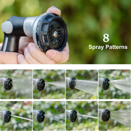 FANHAO Garden Hose Nozzle Heavy Duty,100% Metal Water Hose Sprayer with 8 Spray Patterns-Silver - FANHAO