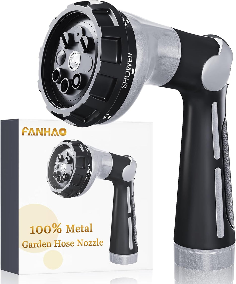 FANHAO Garden Hose Nozzle Heavy Duty,100% Metal Water Hose Sprayer with 8 Spray Patterns-Silver