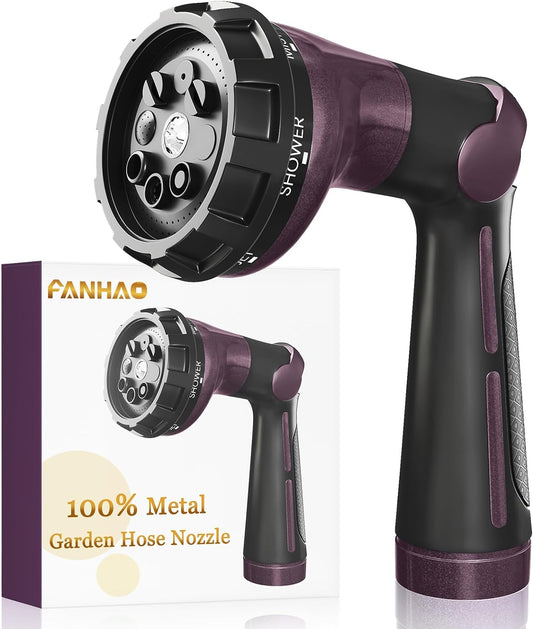 FANHAO Garden Hose Nozzle Heavy Duty,100% Metal Water Hose Sprayer with 8 Spray Patterns-Bronze