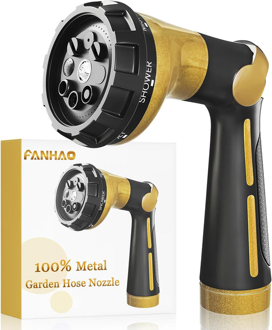 FANHAO Garden Hose Nozzle Heavy Duty,100% Metal Water Hose Sprayer with 8 Spray Patterns-Yellow