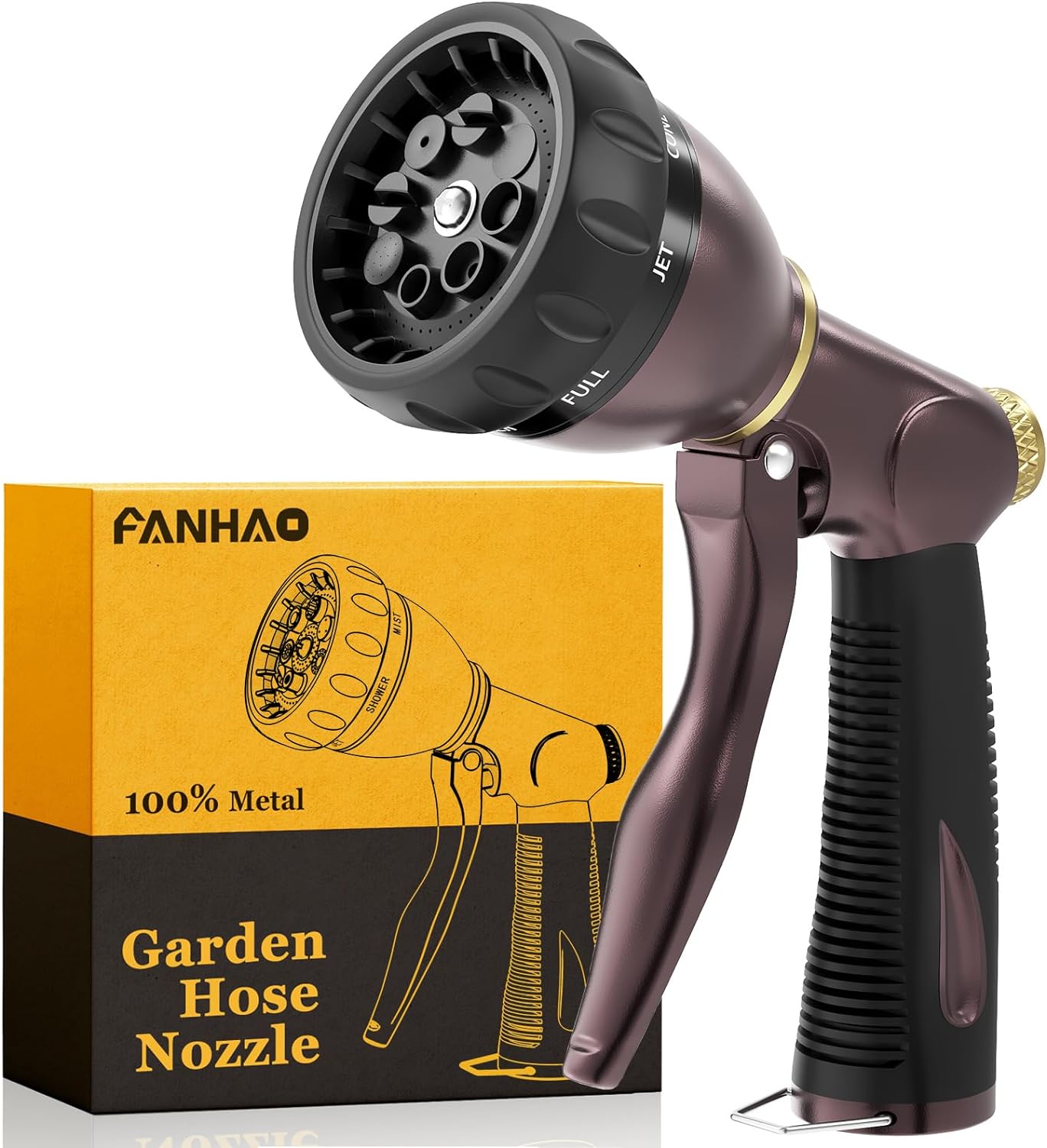 FANHAO Heavy Duty Garden Hose Nozzle, 100% Metal Water Nozzle with 8 Adjustable Spray Patterns-Bronze