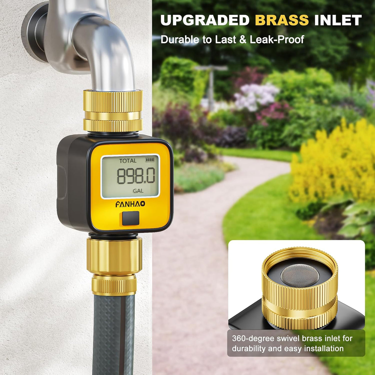 FANHAO Water Flow Meter with Brass Inlet Metal Thread | IPX6 Waterproof, Digital LCD Display - FANHAO