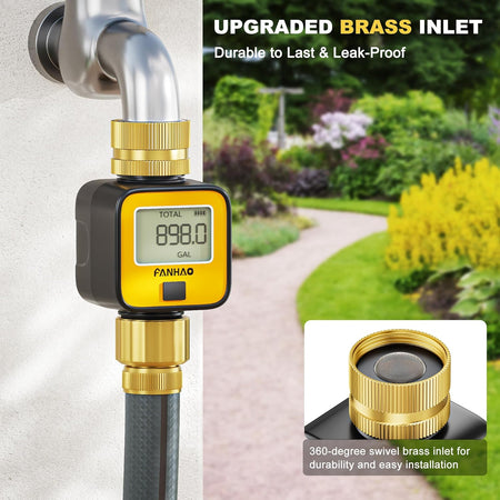 FANHAO Water Flow Meter with Brass Inlet Metal Thread | IPX6 Waterproof, Digital LCD Display - FANHAO