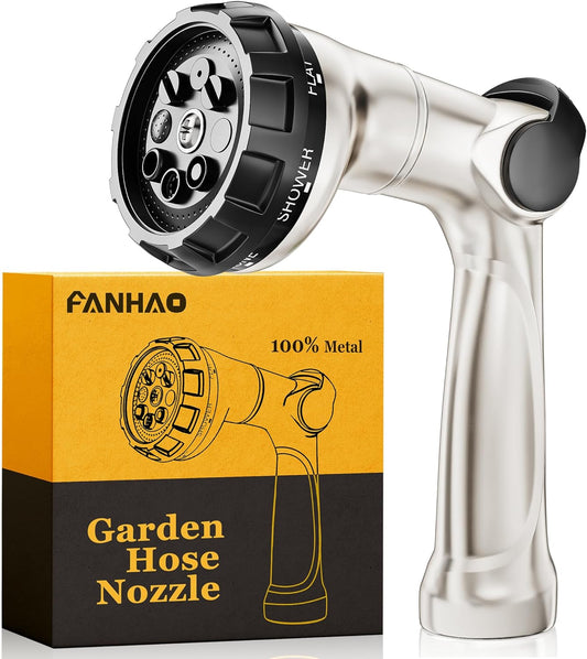 FANHAO Professional Heavy Duty Garden Hose Nozzle, 100% Metal Thumb Control Water Hose Sprayer with 8 Spray Patterns