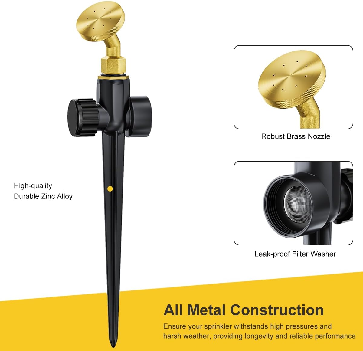 FANHAO 2 Pack Metal Lawn Sprinklers – Adjustable Brass Nozzle, Spike Base - FANHAO