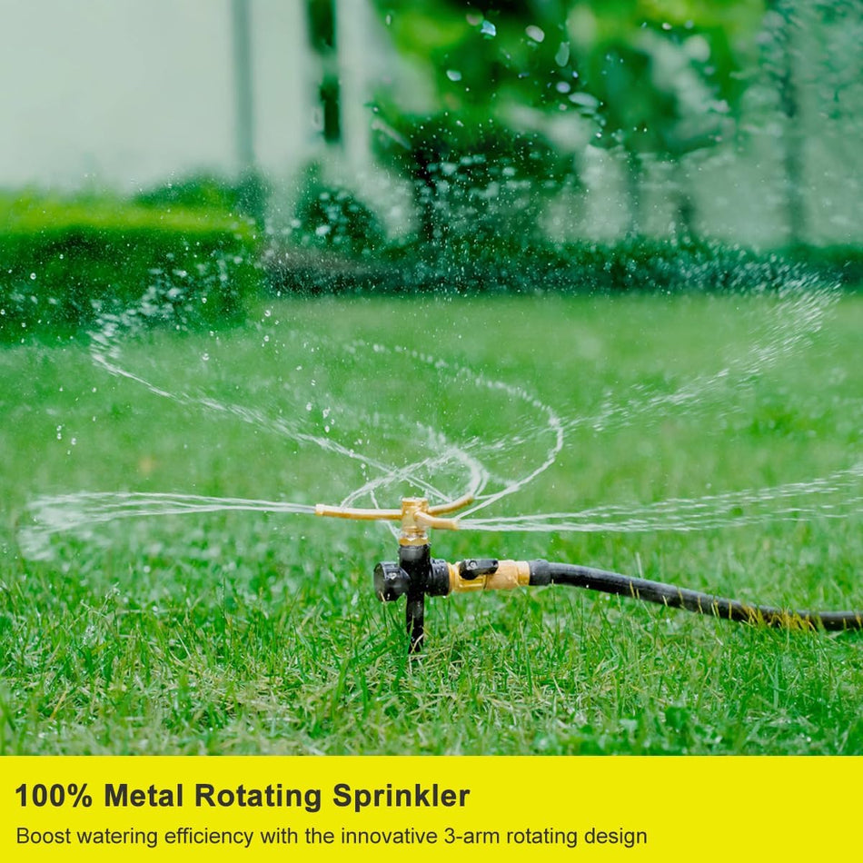 FANHAO 2 Pack 3-Arm Metal Lawn Sprinklers – 360° Auto Rotary - FANHAO