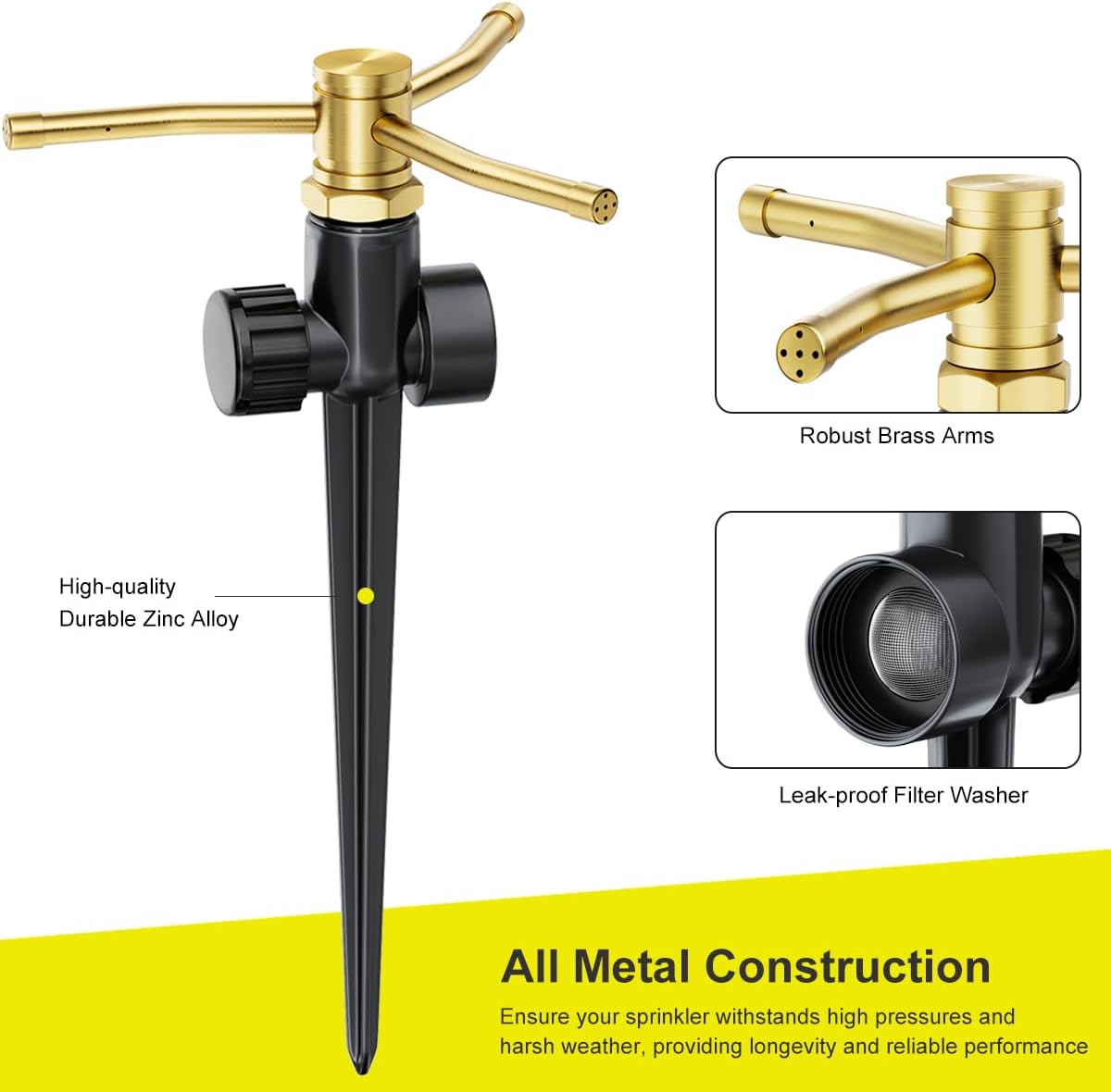FANHAO 2 Pack 3-Arm Metal Lawn Sprinklers – 360° Auto Rotary - FANHAO