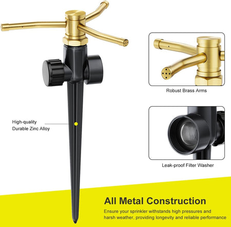 FANHAO 2 Pack 3-Arm Metal Lawn Sprinklers – 360° Auto Rotary - FANHAO