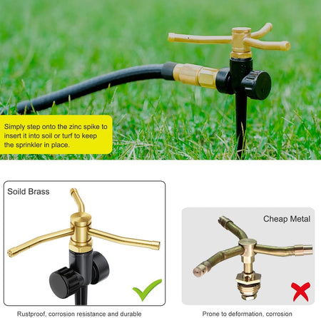FANHAO 2 Pack 3-Arm Metal Lawn Sprinklers – 360° Auto Rotary - FANHAO