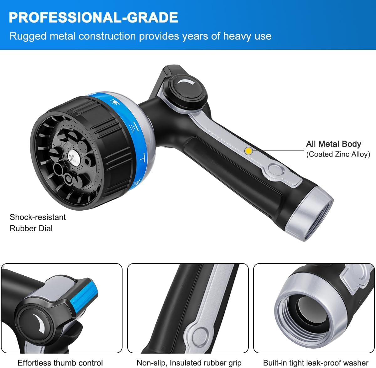 FANHAO Heavy Duty Metal Garden Hose Nozzle – 10 Patterns, Thumb Control, Blue - FANHAO