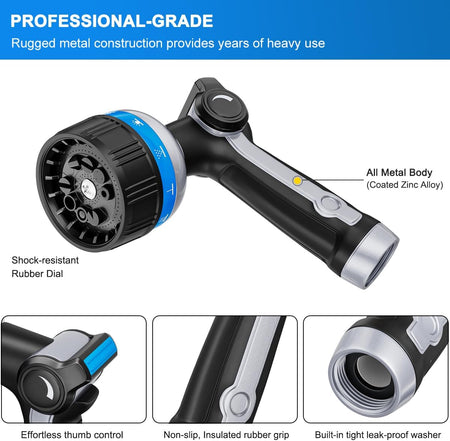 FANHAO Heavy Duty Metal Garden Hose Nozzle – 10 Patterns, Thumb Control, Blue - FANHAO