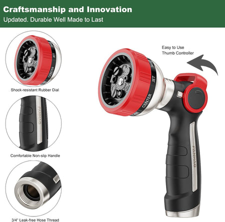 FANHAO Heavy Duty Thumb Control Garden Hose Nozzle - 9 Spray Modes - FANHAO