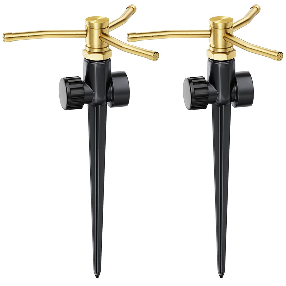 FANHAO 2 Pack 3-Arm Metal Lawn Sprinklers – 360° Auto Rotary - FANHAO