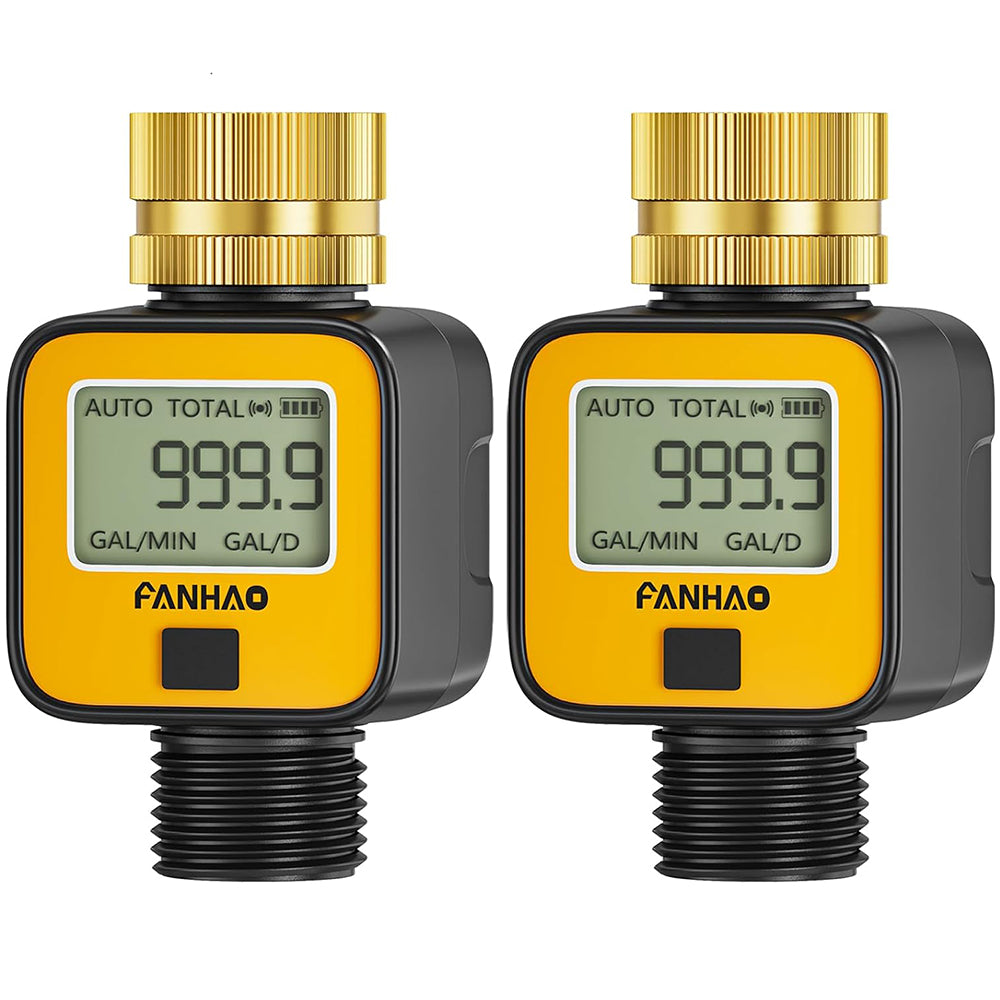 FANHAO 2 Pack Water Flow Meter with Brass Inlet Metal Thread | IPX6 Waterproof, Digital LCD Display - FANHAO