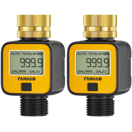 FANHAO 2 Pack Water Flow Meter with Brass Inlet Metal Thread | IPX6 Waterproof, Digital LCD Display - FANHAO