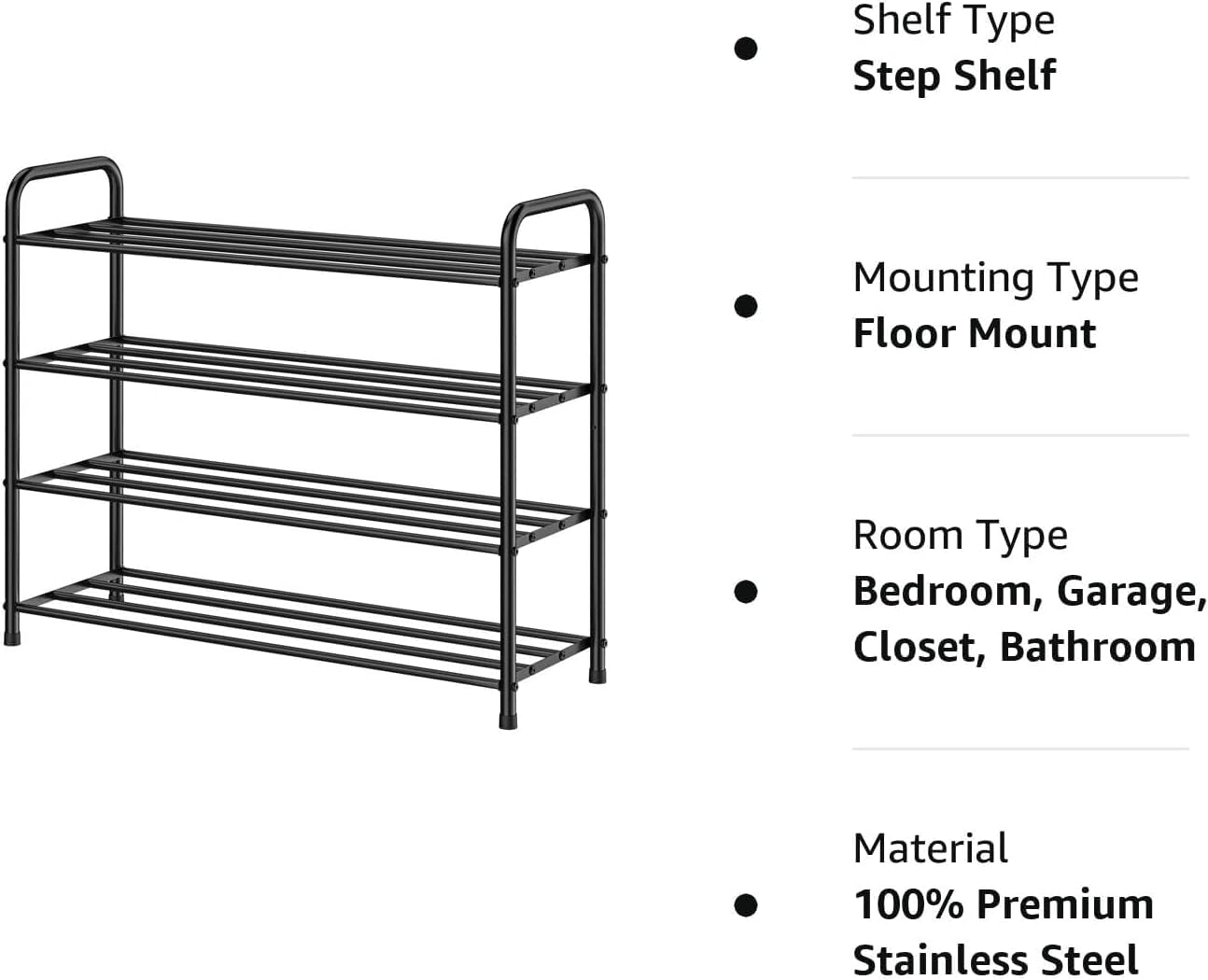 FANHAO 4-Tier Shoe Rack, 100% Stainless Steel Shoe Organizer-Matte Black