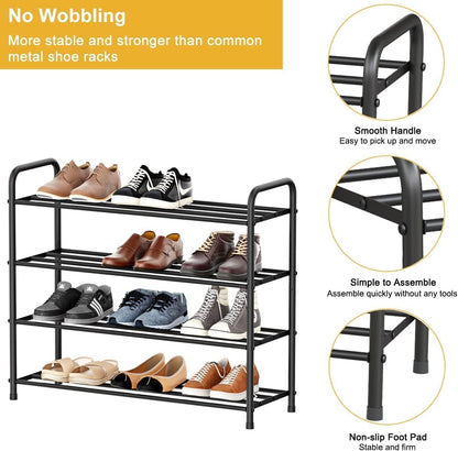 FANHAO 4-Tier Shoe Rack, 100% Stainless Steel Shoe Organizer-Matte Black