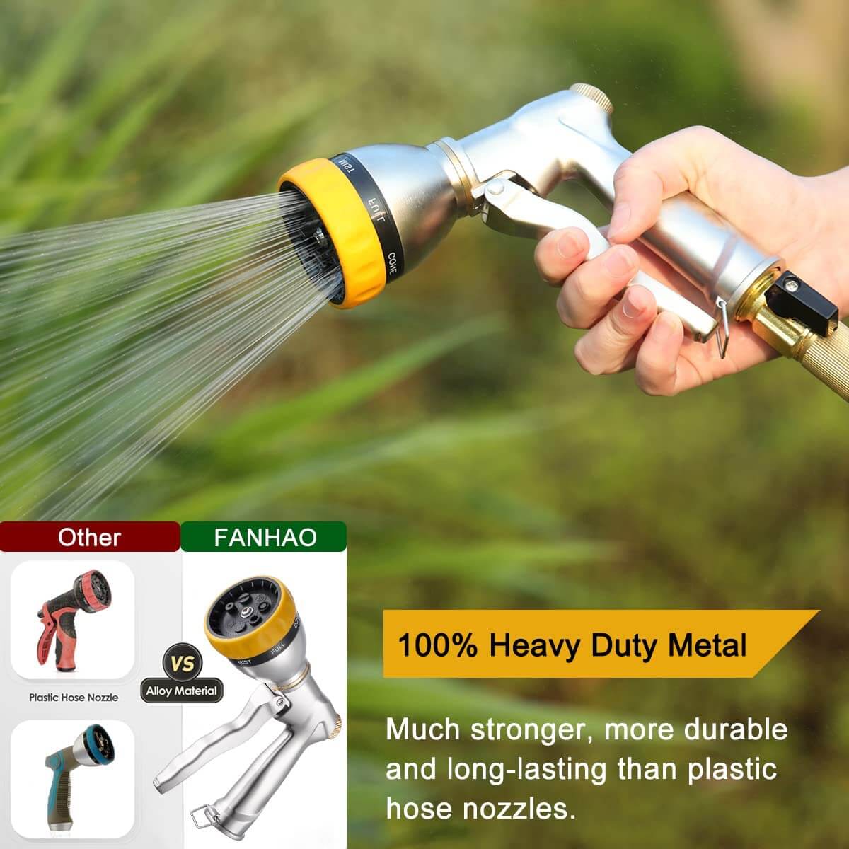 FANHAO Garden Hose Nozzle Sprayer, 100% Heavy Duty Metal Spray Nozzle with 7 Spray Patterns