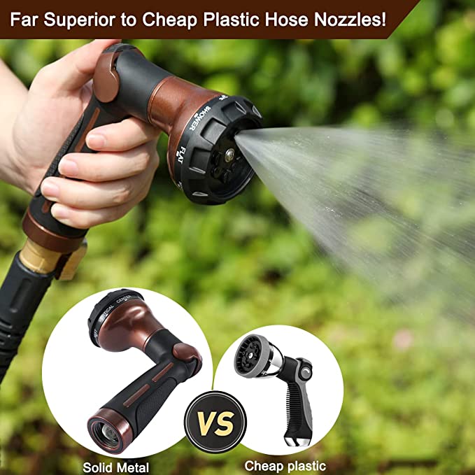 pressure water sprayer for garden FANHAO 100% Metal Water Hose Nozzle Sprayer with 8 Patterns-Brown