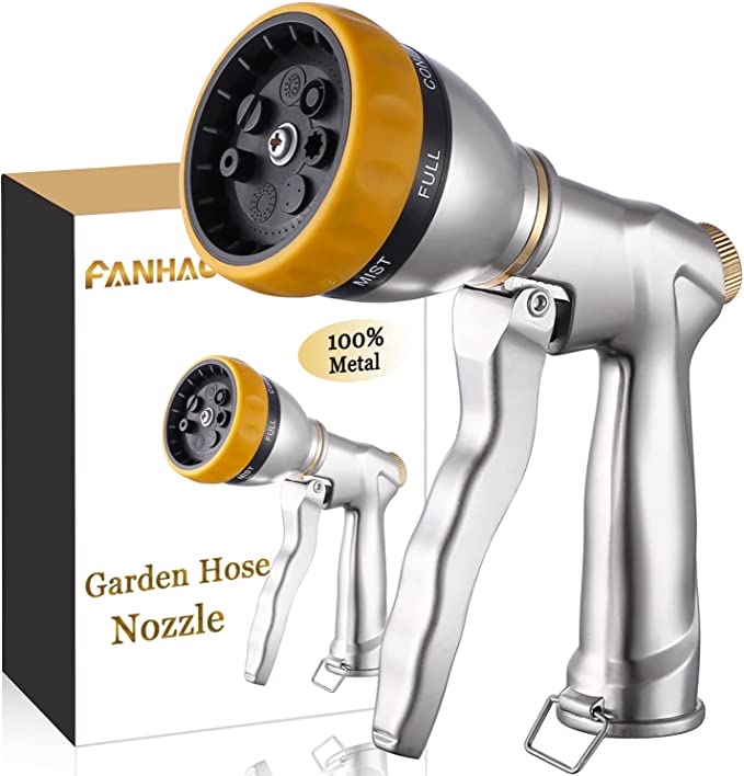 FANHAO Garden Hose Nozzle Sprayer, 100% Heavy Duty Metal Spray Nozzle with 7 Spray Patterns