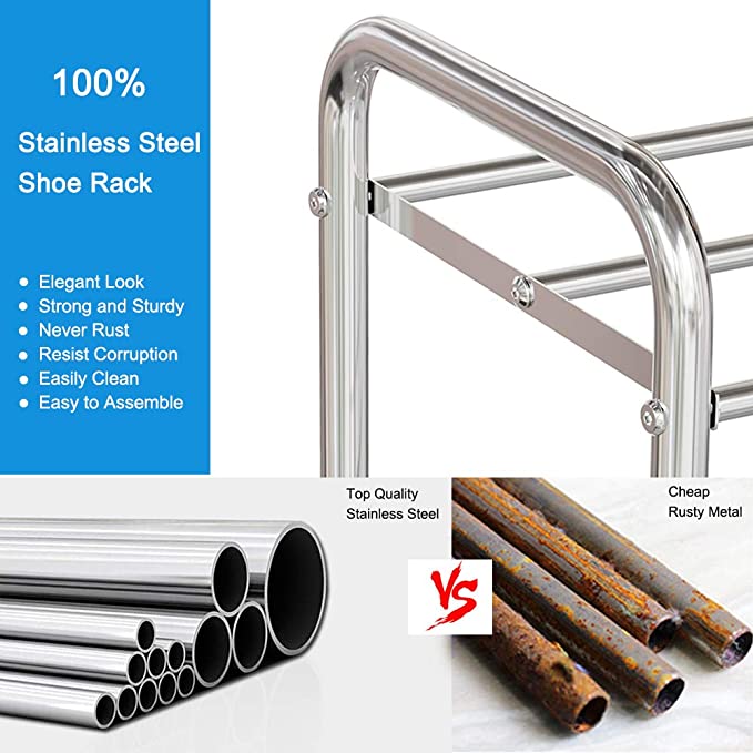 FANHAO 2-Tier Shoe Rack, 100% Stainless Steel Shoe Storage Organizer